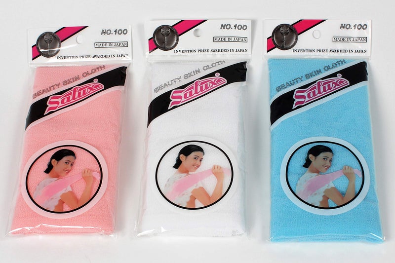 SALUX Nylon Japanese Beauty Skin Bath Wash Cloth/Towel 3 pcs Mix Peach White Blue - Image 1